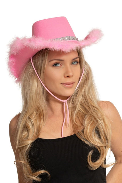 Cowboy Hoed Glitter met Bont Roze van Partychimp koop je bij Partywinkel