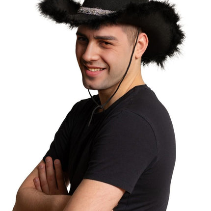 Cowboy Hoed Glitter met Bont Zwart van Partychimp koop je bij Partywinkel