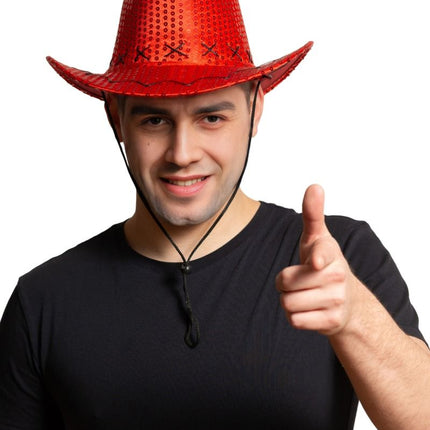 Cowboy Hoed Pailletten Rood van Partychimp koop je bij Partywinkel