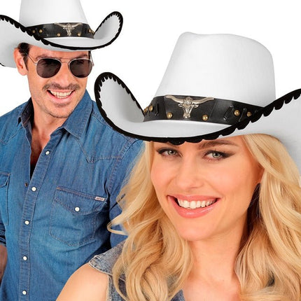 COWBOYHOED MET STIER, WIT VILT van Widmann koop je bij Partywinkel