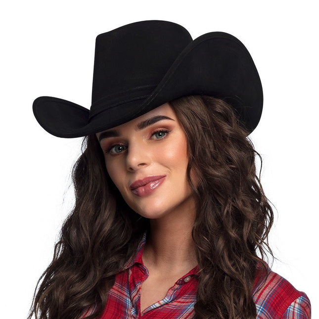 Cowboyhoed Zwart Leatherlook Deluxe van Boland koop je bij Partywinkel