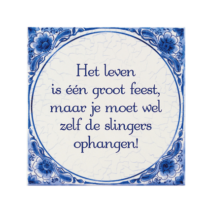 Delfts Blauw Tegel Leven Is Feest 14,5cm van Paper Dreams koop je bij Partywinkel