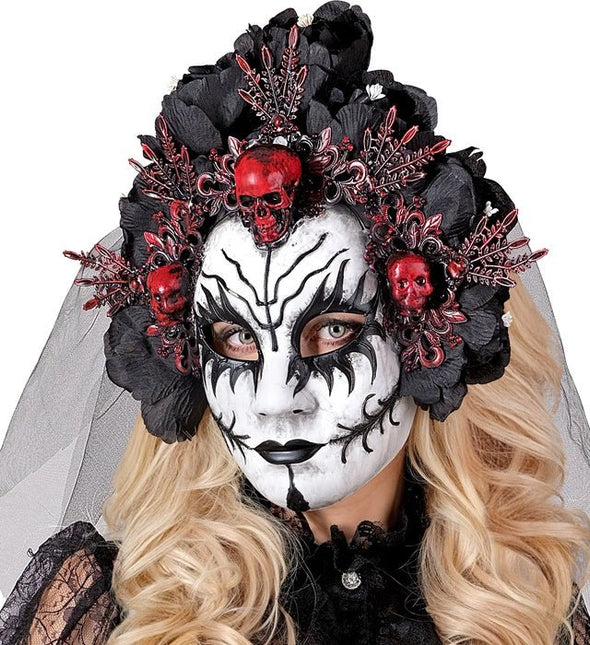 Dia De Los Muertos Masker Zwart Wit Sluier van Widmann koop je bij Partywinkel