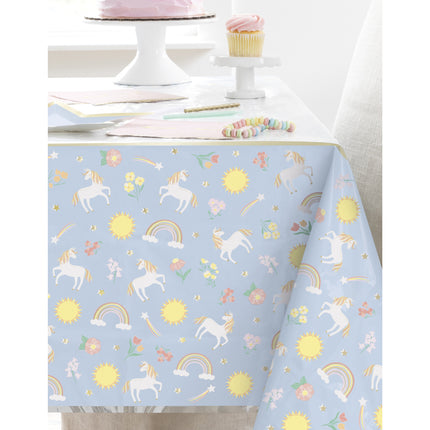 Yksisarvinen pöytäliina sininen valkoinen 2.13m