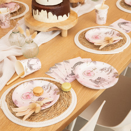 Syntymälautaset Vaaleanpunainen Safari 18cm 8kpl