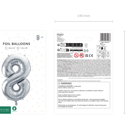 8 vuoden kuva ilmapallo hopea tyhjä 72cm