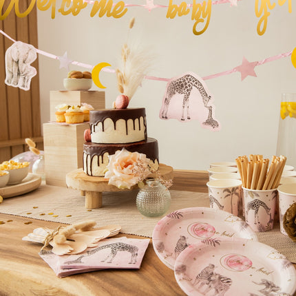 Syntymälautaset Vaaleanpunainen Safari 18cm 8kpl