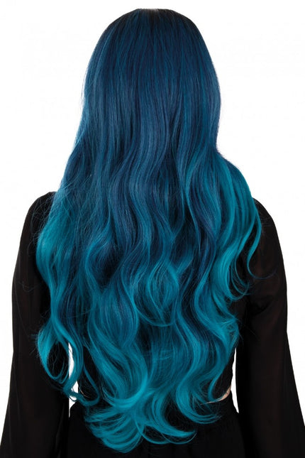 Peruukki Selena pitkät hiukset kiharat musta petrolin sininen
