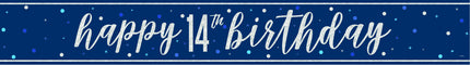 Hyvää syntymäpäivää banneri sininen 14 vuotta 2.74m