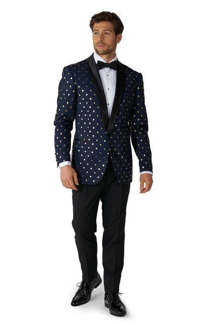 Tummansininen kultainen pilkullinen smokki miesten OppoSuits