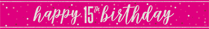 Hyvää syntymäpäivää banneri vaaleanpunainen 15 vuotta 2.74m