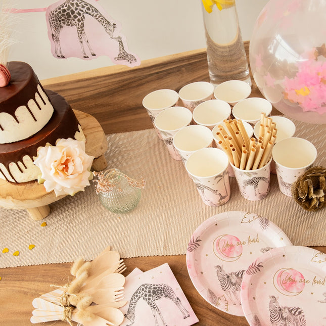 Syntymälautaset Vaaleanpunainen Safari 18cm 8kpl