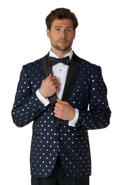 Tummansininen kultainen pilkullinen smokki miesten OppoSuits