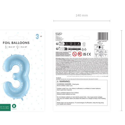 3 vuoden kuva ilmapallo vaaleansininen tyhjä 72cm