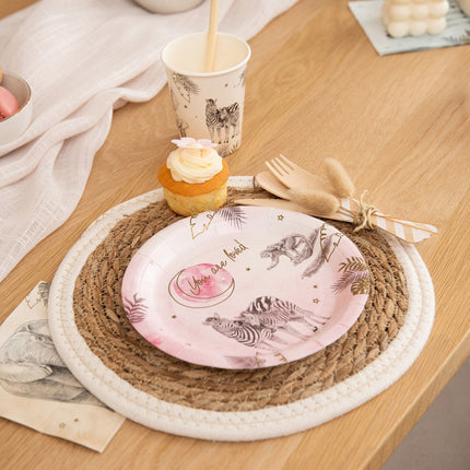 Syntymälautaset Vaaleanpunainen Safari 18cm 8kpl