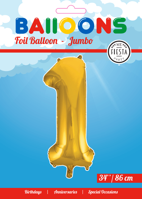 Folie Ballon Cijfer 1 Goud XL 86cm leeg van WeFiesta koop je bij Partywinkel