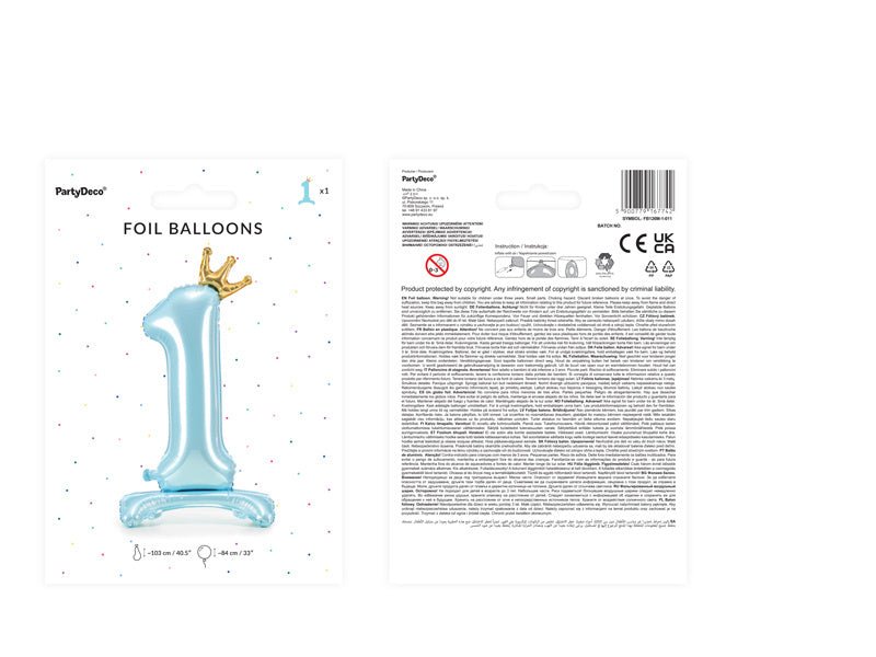 Folie Ballon Cijfer 1 Lichtblauw Standaard Leeg 84cm van Partydeco koop je bij Partywinkel