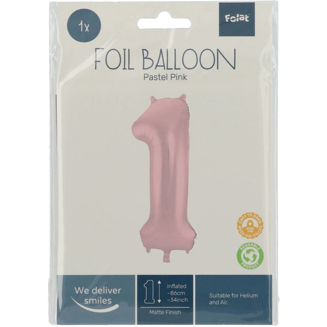Folie Ballon Cijfer 1 Pastel Roze XL 86cm leeg van Folat koop je bij Partywinkel