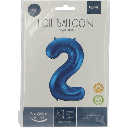 Folie Ballon Cijfer 2 Blauw Metallic XL 86cm leeg van Folat koop je bij Partywinkel