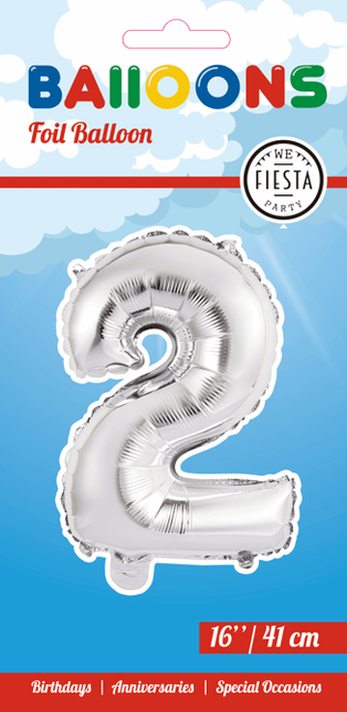 Folie Ballon Cijfer 2 Zilver 41cm met Rietje van WeFiesta koop je bij Partywinkel