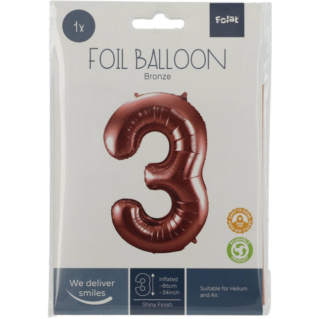 Folie Ballon Cijfer 3 Brons XL 86cm leeg van Folat koop je bij Partywinkel