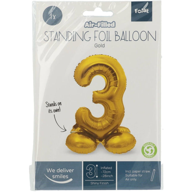 Folie Ballon Cijfer 3 Goud met standaard 72cm van Folat koop je bij Partywinkel