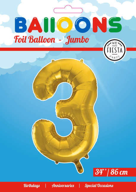 Folie Ballon Cijfer 3 Goud XL 86cm leeg van WeFiesta koop je bij Partywinkel