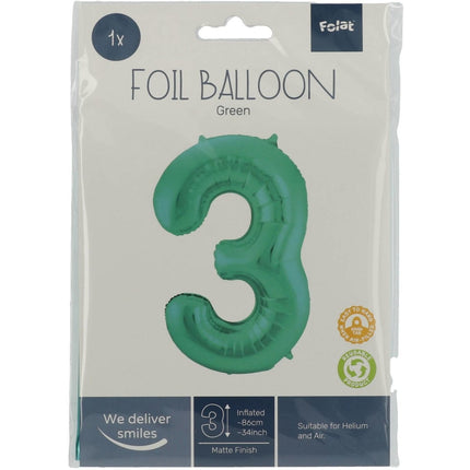 Folie Ballon Cijfer 3 Mat Groen XL 86cm leeg van Folat koop je bij Partywinkel