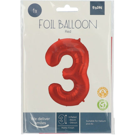 Folie Ballon Cijfer 3 Mat Rood XL 86cm leeg van Folat koop je bij Partywinkel