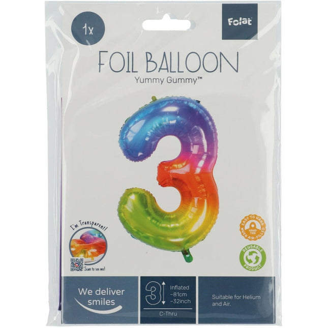 Folie Ballon Cijfer 3 Regenboog XL 81cm leeg van Folat koop je bij Partywinkel
