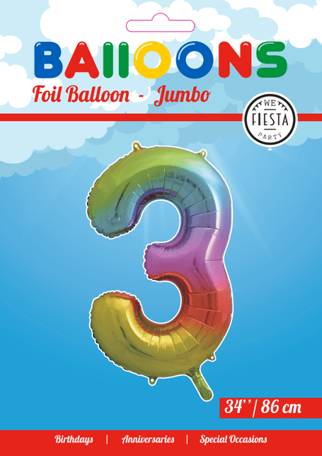 Folie Ballon Cijfer 3 Regenboog XL 86cm leeg van WeFiesta koop je bij Partywinkel