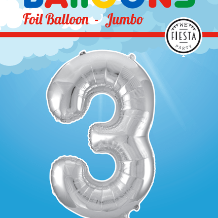 Folie Ballon Cijfer 3 Zilver XL 86cm leeg van WeFiesta koop je bij Partywinkel
