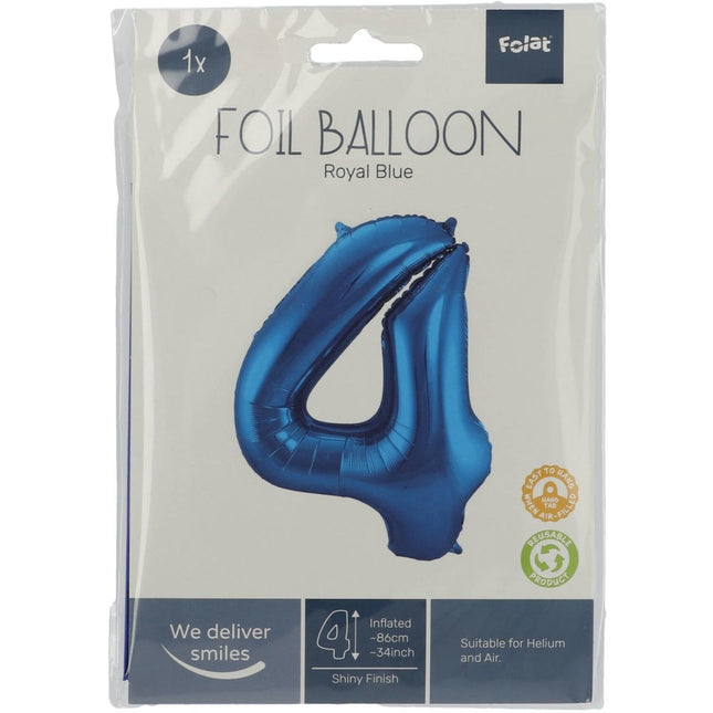 Folie Ballon Cijfer 4 Blauw Metallic XL 86cm leeg van Folat koop je bij Partywinkel