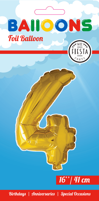 Folie Ballon Cijfer 4 Goud 41cm met Rietje van WeFiesta koop je bij Partywinkel