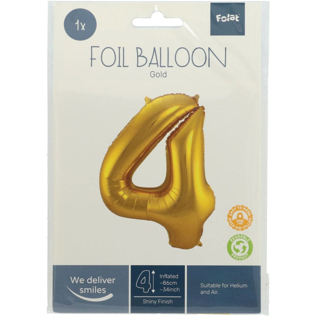 Folie Ballon Cijfer 4 Goud Metallic XL 86cm leeg van Folat koop je bij Partywinkel
