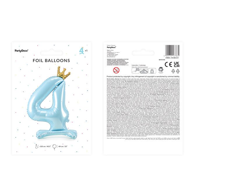 Folie Ballon Cijfer 4 Lichtblauw Standaard Leeg 84cm van Partydeco koop je bij Partywinkel