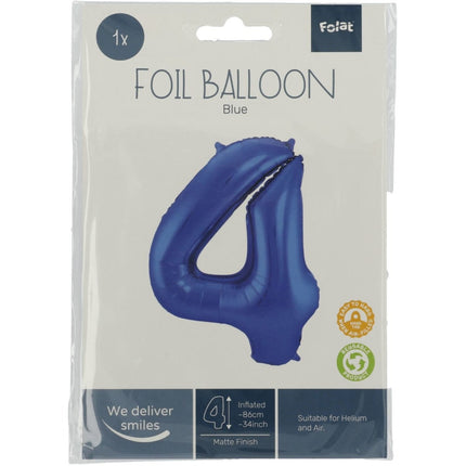 Folie Ballon Cijfer 4 Mat Blauw XL 86cm leeg van Folat koop je bij Partywinkel