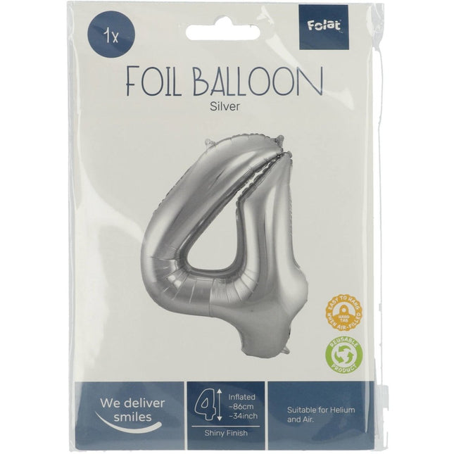 Folie Ballon Cijfer 4 Zilver Metallic XL 86cm leeg van Folat koop je bij Partywinkel