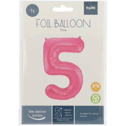 Folie Ballon Cijfer 5 Mat Roze XL 86cm leeg van Folat koop je bij Partywinkel