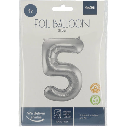 Folie Ballon Cijfer 5 Zilver Metallic XL 86cm leeg van Folat koop je bij Partywinkel