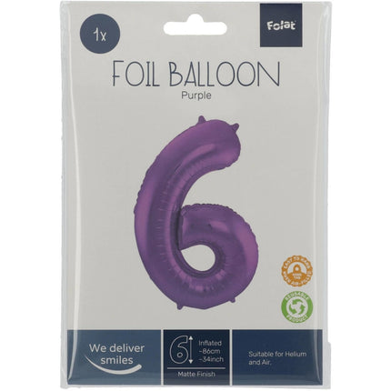 Folie Ballon Cijfer 6 Mat Paars XL 86cm leeg van Folat koop je bij Partywinkel