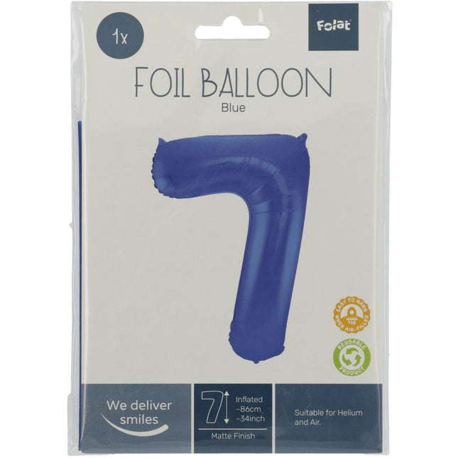 Folie Ballon Cijfer 7 Mat Blauw XL 86cm leeg van Folat koop je bij Partywinkel