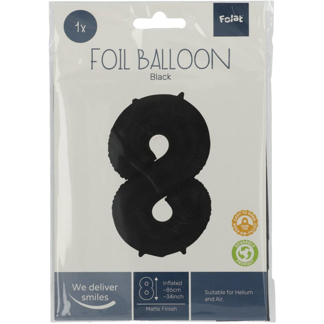 Folie Ballon Cijfer 8 Mat Zwart XL 86cm leeg van Folat koop je bij Partywinkel