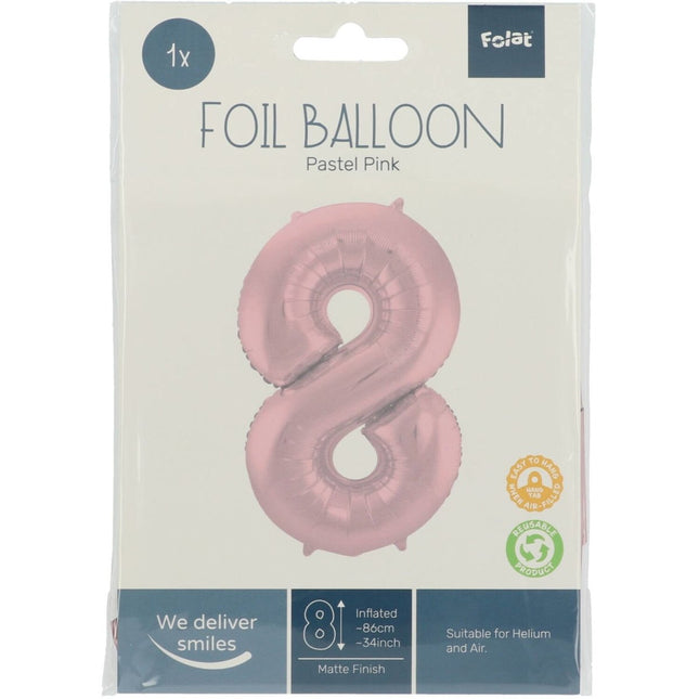 Folie Ballon Cijfer 8 Pastel Roze XL 86cm leeg van Folat koop je bij Partywinkel