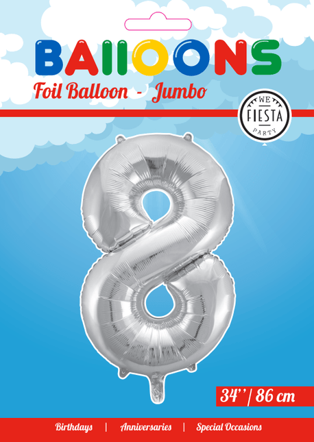 Folie Ballon Cijfer 8 Zilver XL 86cm leeg van WeFiesta koop je bij Partywinkel