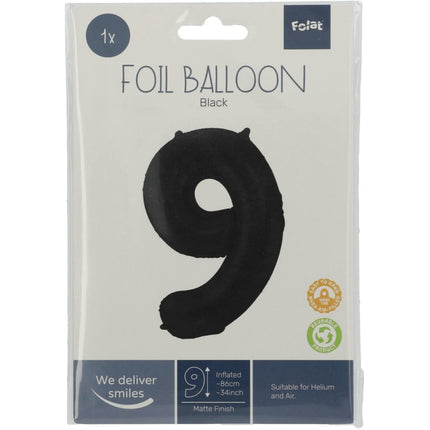Folie Ballon Cijfer 9 Mat Zwart XL 86cm leeg van Folat koop je bij Partywinkel