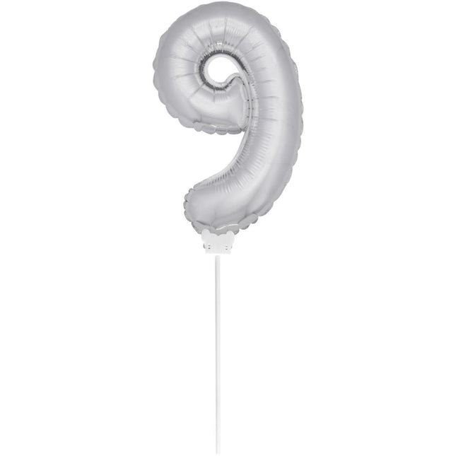 Folie Ballon Cijfer 9 Zilver 36cm met stokje van Folat koop je bij Partywinkel