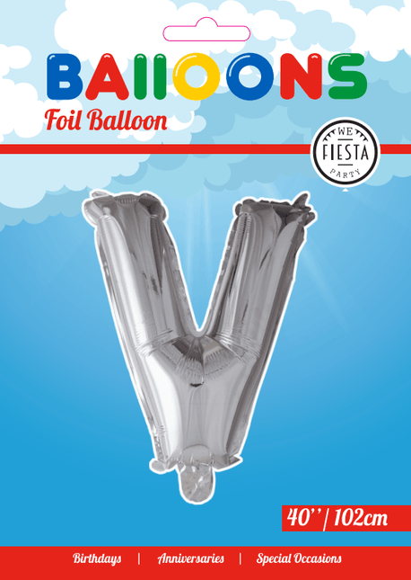 Folie Ballon Letter V Zilver XL 102cm leeg van WeFiesta koop je bij Partywinkel