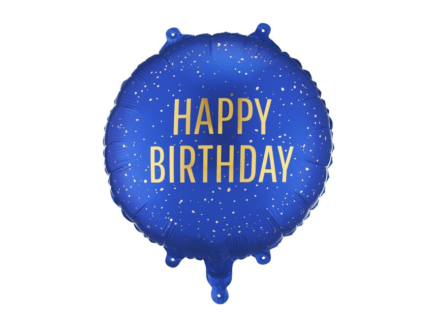 Folie ballon rond Happy Birthday, 35x35 cm, marineblauw van Partydeco koop je bij Partywinkel
