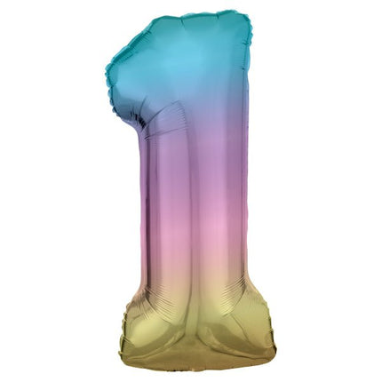 Folieballon – Cijfer 1 – Rainbow Pastel – 88 x 38 cm van Riethmueller koop je bij Partywinkel